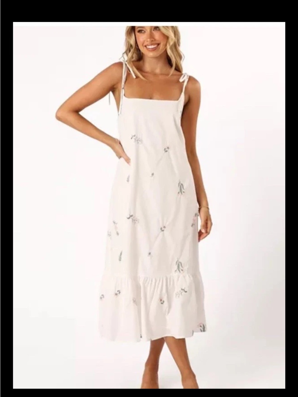 Petal & Pup Emmett Ruffle Hem Embroidered Midi Dress - Cream- Size Medium
